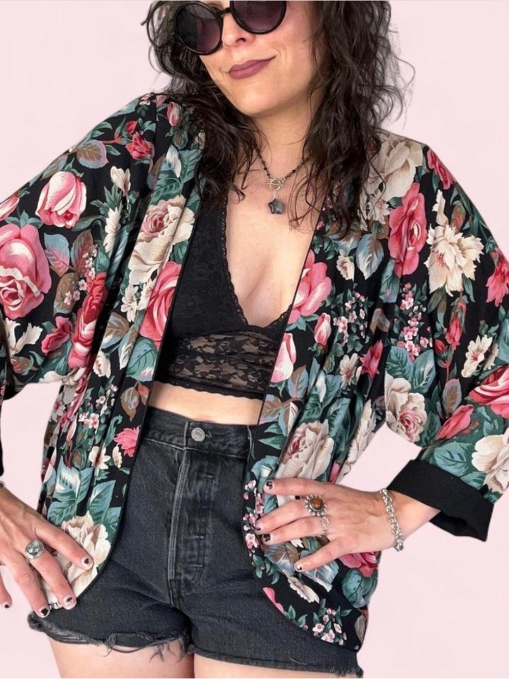 Floral Black Kimono Jacket with Pink & Cream Roses